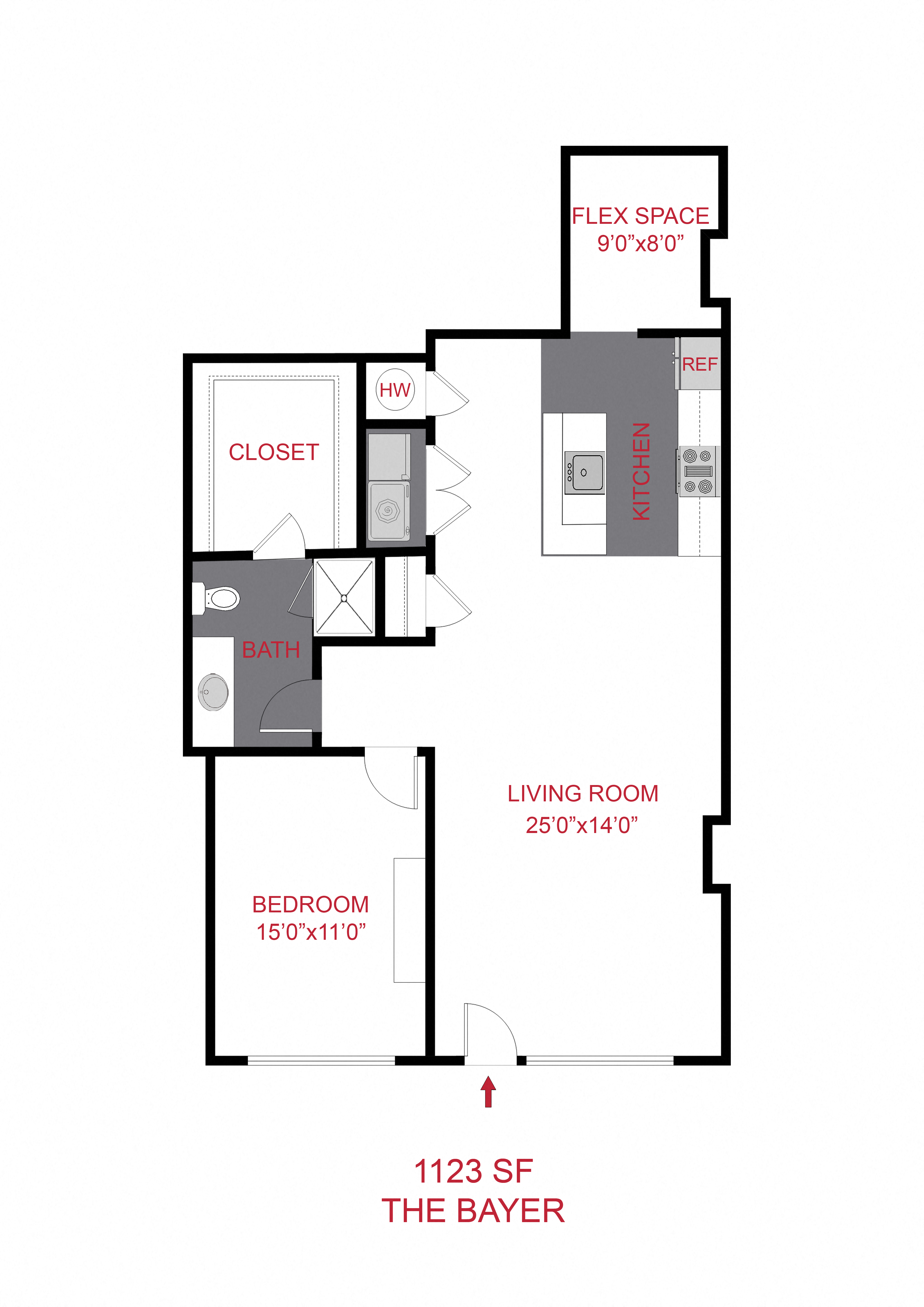 Floor plan for 1 bed, 1 bath, 1123 sqft